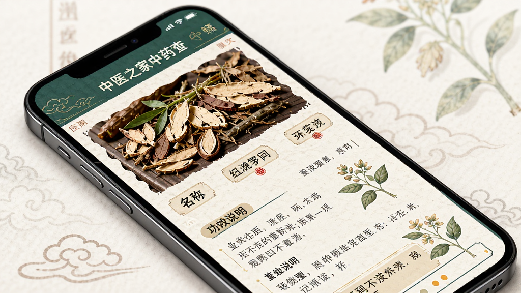 ��ҽ֮����ҩ�Ĳ�ѯ���棬����Ϊ�ֻ���Ļչʾ��ҩ����ҳ�����ְ���ҩ��ͼƬ�����ƺ͹�Ч˵�����Ű����������Ϊ��ͳ��ҽ�Ļ����ϸ�ڰ����ݱ�ֲ��廭�����ֽ��ܣ����ʸ��壬�ɾ����޶���Ԫ��