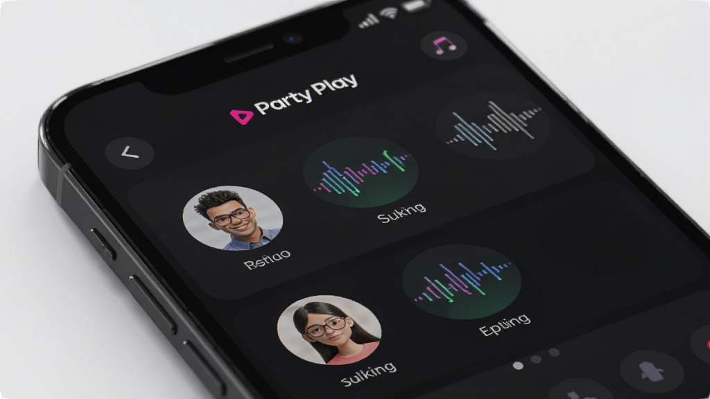AI生图:手机屏幕特写,显示Party Play的语音聊天界面,有多个用户头像和声波图标,背景为深色模式,界面简洁,有“Party Play”的logo在顶部,风格为科技感UI,画质细腻,无杂乱元素