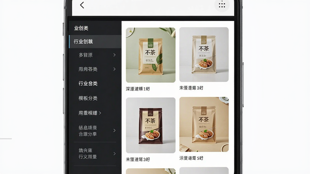 速创意应用内模板库界面截图风格展示,画面主体为手机屏幕中展示速创意模板选择页面,布局分为左右两栏,左侧为行业分类导航,右侧为模板缩略图瀑布流,排版整齐,风格清新现代,细节上模板缩略图包含茶包装和食品包装样式,画质清晰明亮干净无多余元素