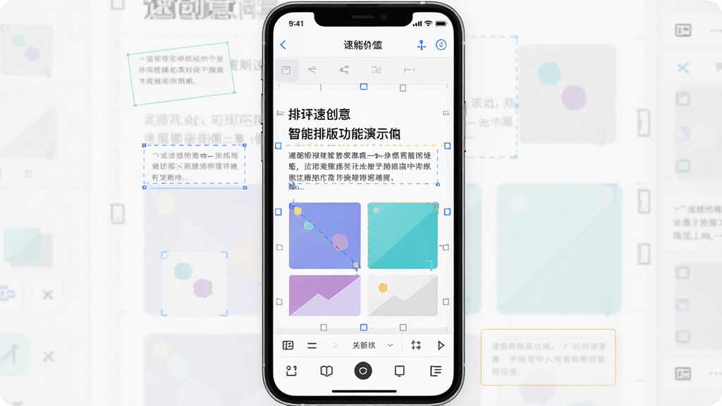 速创意智能排版功能演示画面,画面中央为手机屏幕显示速创意编辑界面,屏幕上文字与图形元素自动对齐排列,布局展示编辑区域与底部工具栏,排版整洁有层次,风格为科技感扁平设计,细节上编辑区域内有文字和色块元素,画质高清干净无多余元素