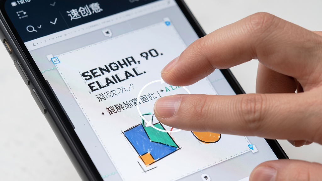 速创意新手操作示意图,画面展示手机屏幕中速创意编辑界面,一只手正在双指缩放画布,布局为特写视角突出手势操作,风格为写实教学风格,细节上手势清晰可见,画布上有文字和图形元素,画质高清干净无多余元素