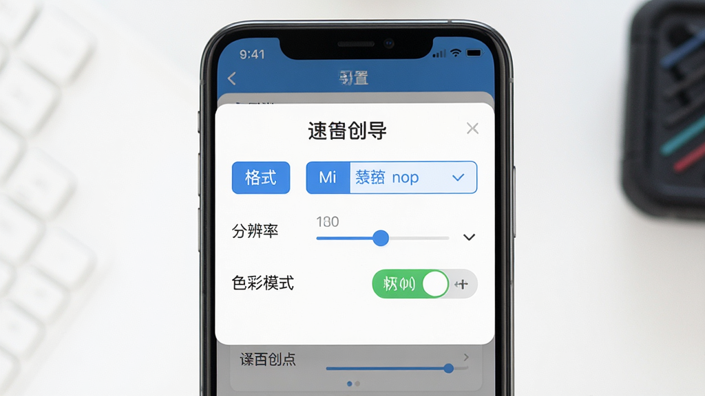 速创意导出设置界面展示,画面主体为手机屏幕中显示速创意导出选项弹窗,弹窗内包含格式选择、分辨率调节、色彩模式切换等选项,布局居中清晰,风格为简洁明快的工具类界面,细节上选项按钮排列整齐,画质清晰干净无多余元素