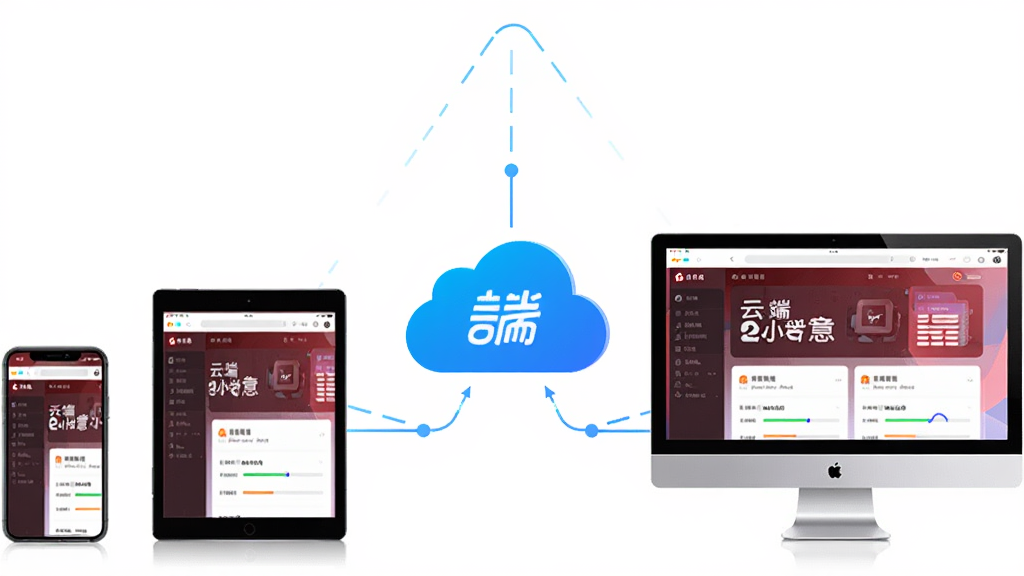 速创意云端同步功能示意图,画面展示手机与平板、电脑之间通过云图标连接,布局为三角形构图,风格为科技简约,细节上云图标位于画面中央,设备屏幕均显示速创意界面,画质高清干净无多余元素