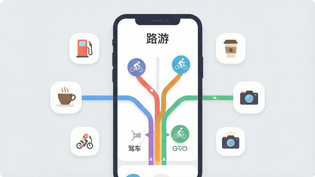 一张展示「路游」应用界面的手机截图风格插画,画面中央是手机屏幕,屏幕上显示着多条彩色路线分支,分别标注驾车、骑行、步行图标,周围环绕着加油站、咖啡杯、相机等小图标。布局采用中心放射状,风格为扁平化UI设计,色彩清新柔和。细节包括圆角卡片、简洁图标和清晰的文字标签。画质干净,无杂乱元素,背景为浅灰色。