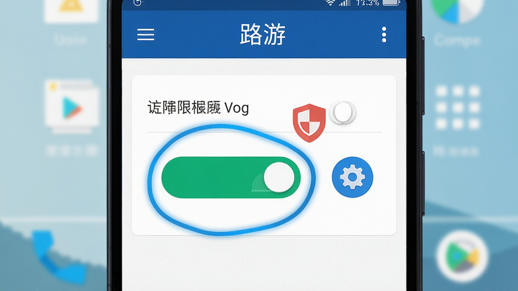 画面展示一部安卓手机屏幕特写,屏幕上显示「路游」应用的权限设置界面,定位权限开关被高亮圈出,旁边有一个红色盾牌图标和蓝色齿轮图标。背景是简洁的桌面壁纸。布局为居中构图,手机占据画面主体。风格为扁平化科技风,细节包括清晰的图标、文字标签和开关按钮。画质干净,色彩鲜明,无多余装饰。
