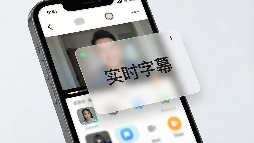 手机屏幕上同时打开视频应用和悬浮字幕窗口,悬浮窗显示文字“实时字幕”,窗口半透明可拖动,画面布局层次分明,风格现代UI展示图,细节干净,画质清晰