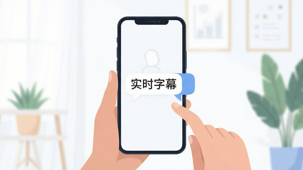一个人对着手机说话,手机屏幕实时显示文字“实时字幕”转写结果,画面简洁明亮,主体突出手机和文字气泡,布局居中,风格扁平化插画,细节干净,画质清晰