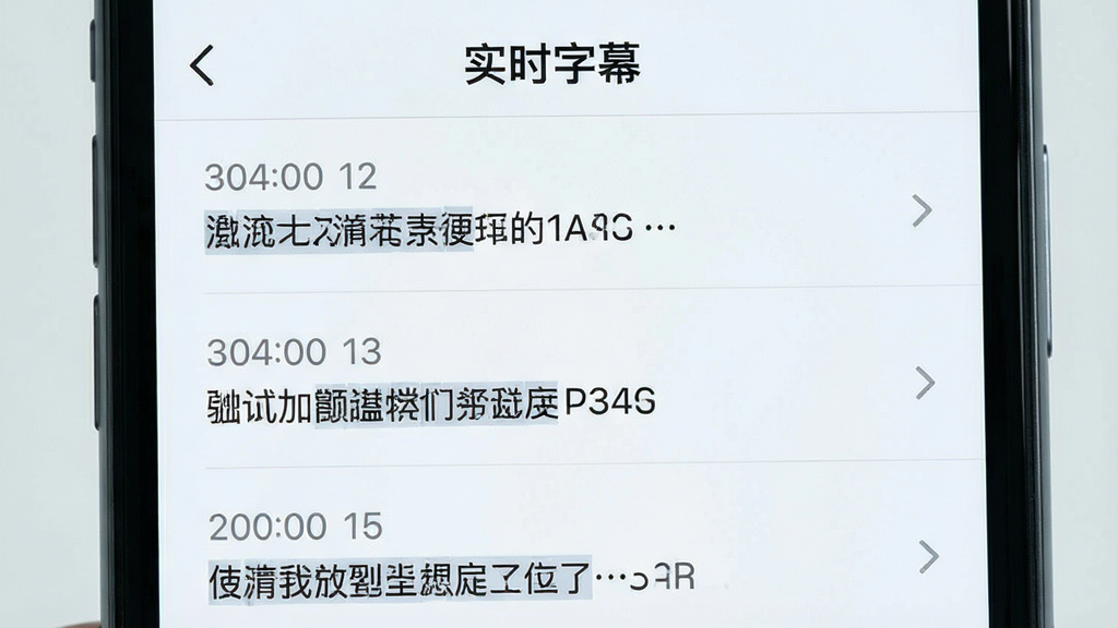 手机界面展示实时字幕历史记录列表,每条记录显示时间和文字摘要,顶部有“实时字幕”标题栏,布局整齐,风格清新浅色,细节清晰,画质干净,无多余元素