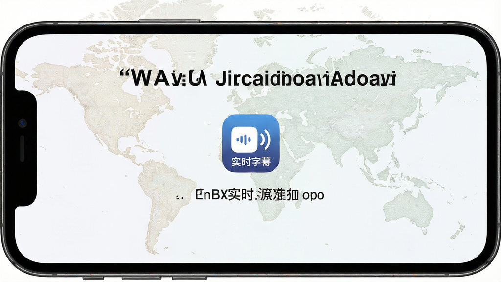 手机屏幕显示中英文双语字幕对照,上方英文下方中文,屏幕中央有“实时字幕”应用图标,背景为世界地图淡色纹理,布局对称,风格科技简约,细节清晰,画质干净