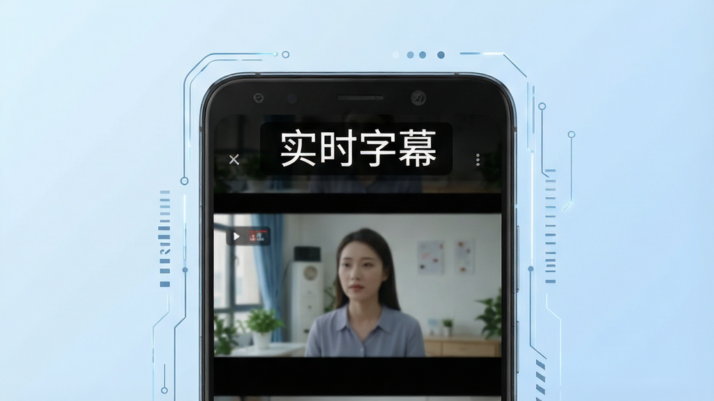 一张展示手机屏幕上方悬浮实时字幕的界面图,画面中央是一部安卓手机,手机屏幕正在播放视频,屏幕上方有一行半透明黑色背景的白色中文字幕文字写着“实时字幕”,手机周围有简洁的科技感线条装饰,背景为浅蓝色渐变,风格清爽现代,细节清晰,画质干净,无多余元素