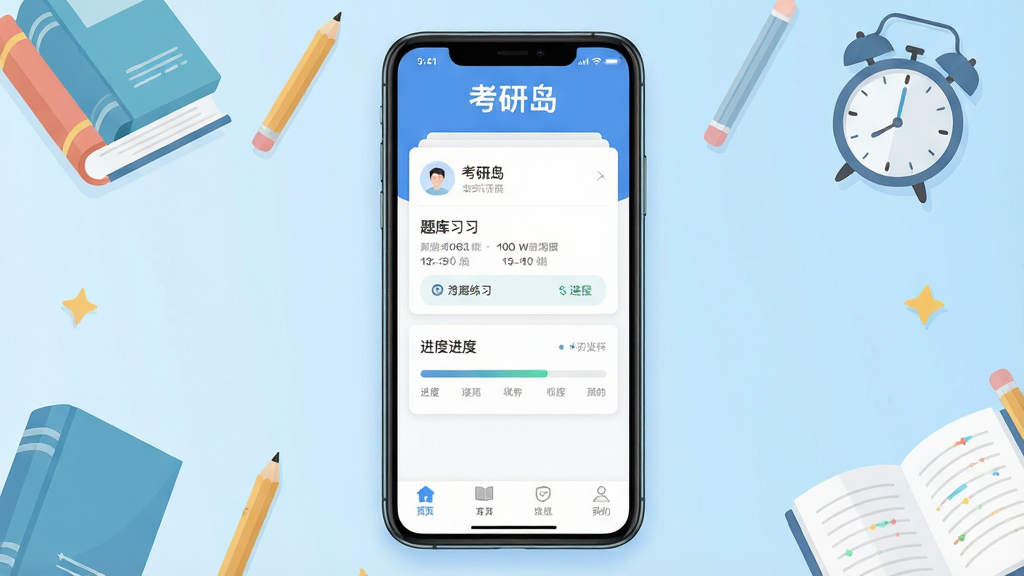 考研岛App主界面全貌展示,手机屏幕竖版构图,中央放置一个学习类App界面,界面顶部有“考研岛”文字标识,中间为题库练习卡片和进度条,底部为导航栏;背景为浅蓝色渐变,点缀书本、铅笔、时钟等学习元素;风格清新简约扁平化,细节清晰,画质干净,无多余元素