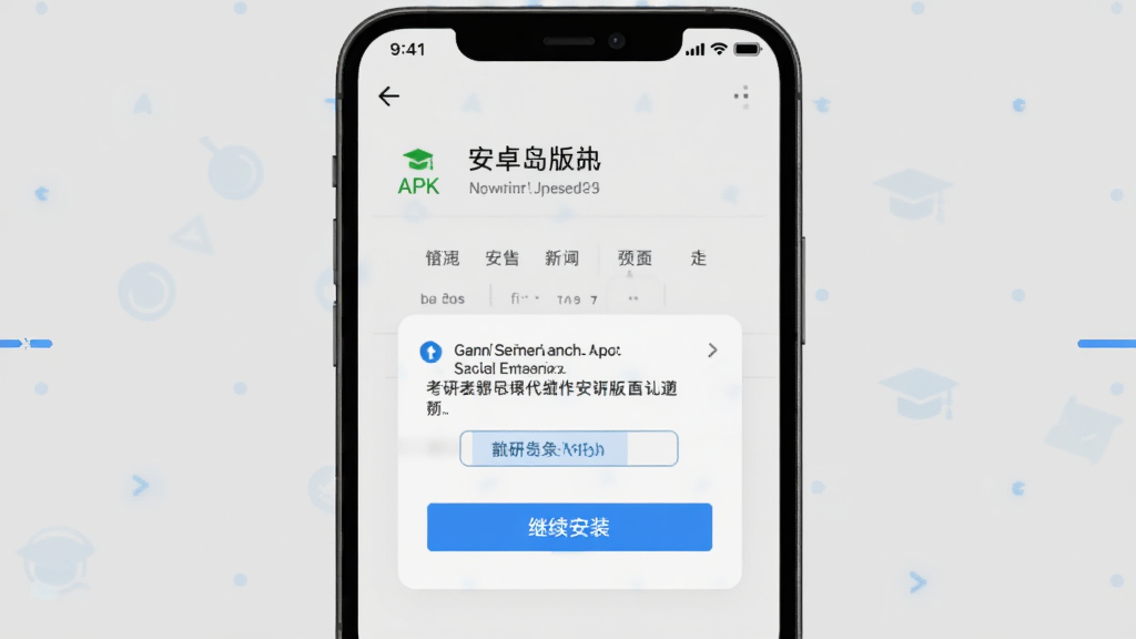 考研岛安卓版安装步骤示意图,手机屏幕中显示APK安装界面,有“继续安装”按钮和权限提示弹窗,背景为浅灰色,搭配蓝色高亮,风格教程类截图,画质清晰干净,无多余元素