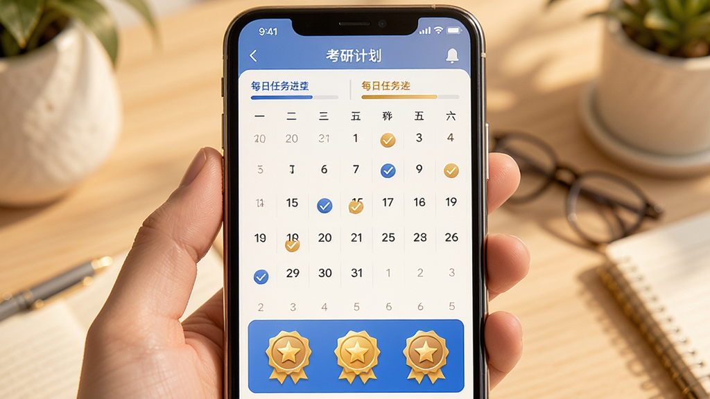 考研岛学习计划界面展示,手机屏幕中显示日历视图和每日任务进度条,日历上有打卡标记,底部有成就徽章展示区;背景为暖白色,搭配蓝色和金色点缀,风格温馨激励,画质清晰干净,无多余元素