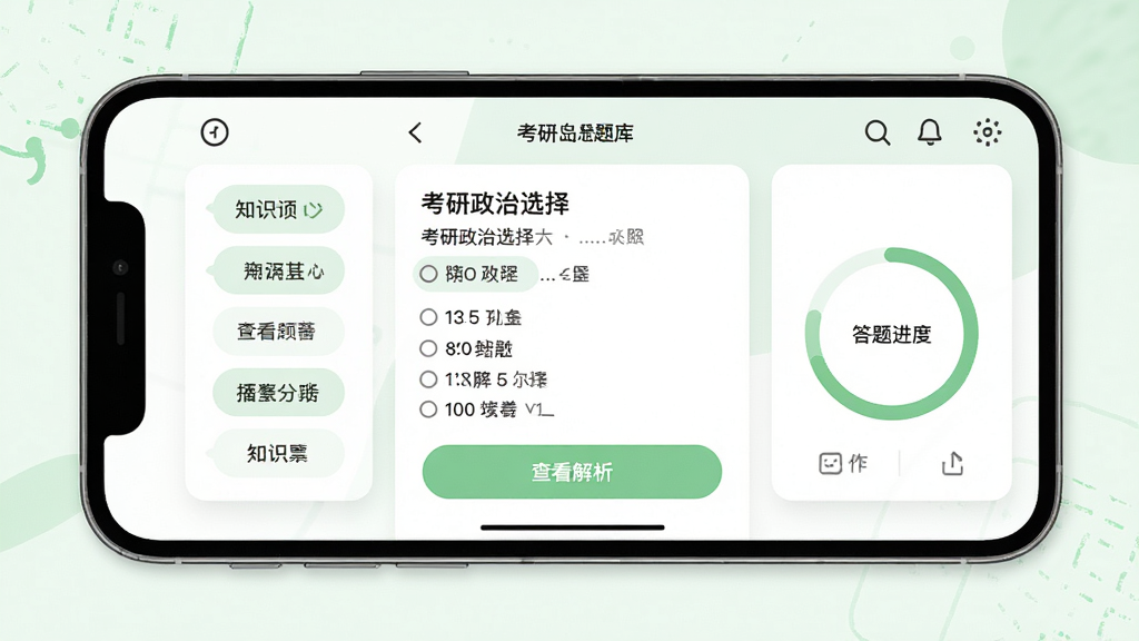 考研岛题库练习界面展示,手机屏幕中显示一道考研政治选择题,选项下方有“查看解析”按钮,界面左侧有知识点分类标签,右侧有答题进度圆环;背景为白色卡片式布局,搭配淡绿色点缀,风格清爽明快,画质清晰干净,无多余元素