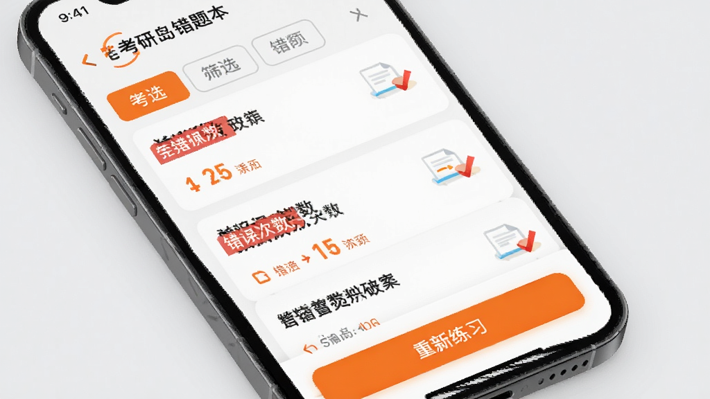 考研岛错题本功能界面展示,手机屏幕中呈现错题列表,每条错题带有红色标记和错误次数统计,顶部有筛选标签,底部有“重新练习”按钮;背景为浅灰色,搭配橙色高亮元素,风格简洁实用,画质干净清晰,无多余元素