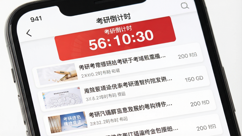 考研岛资讯推送界面展示,手机屏幕中显示考研资讯列表,每条资讯带有标题和发布时间,顶部有“考研倒计时”横幅;背景为白色,搭配红色和灰色文字,风格新闻资讯类排版,画质清晰干净,无多余元素
