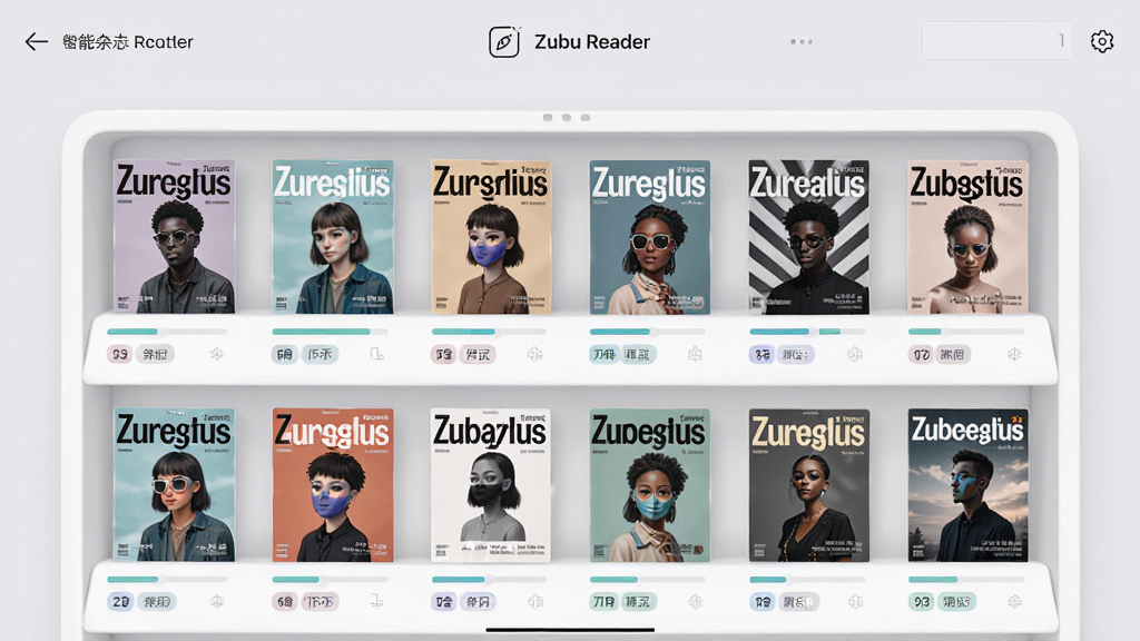 Zubu Reader 电子杂志阅读器 智能分类管理功能界面,画面展示一个虚拟书架,书架上整齐排列着各种电子杂志封面,每个封面下方有进度条和标签,界面风格清新简约,色彩柔和,背景为浅灰色,画质细腻,干净无多余元素