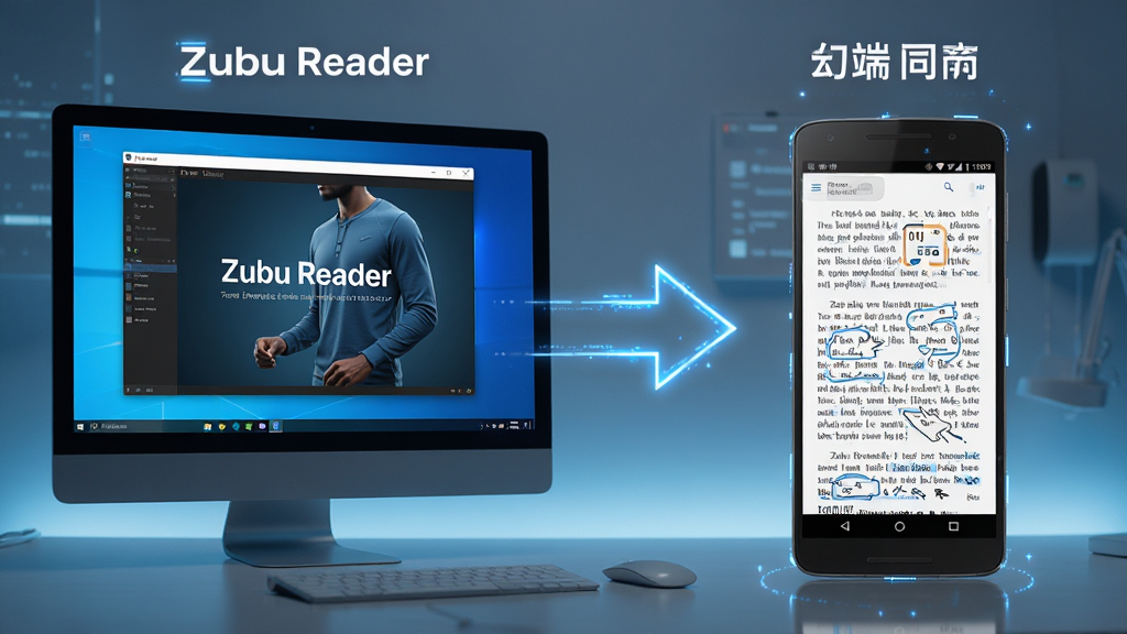 Zubu Reader 电子杂志阅读器 在电脑和手机双端运行的对比展示图,左侧为Windows电脑屏幕显示软件主界面,右侧为安卓手机屏幕显示阅读界面,中间有同步箭头连接,整体风格科技感十足,背景干净,画质清晰