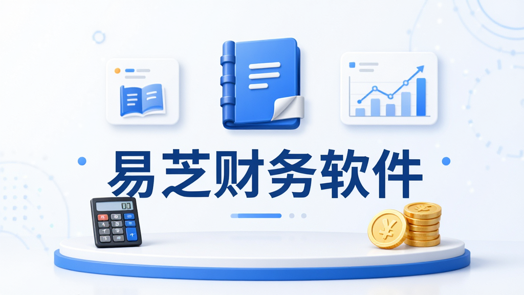 主体是一个简洁的软件界面展示台,布局为居中对称排版,风格为现代商务科技感,细节上包含账本图标、计算器、报表曲线图、金币元素,画面中打上文字“易芝财务软件”,画质为高清4K,干净无多余元素,无杂乱背景,整体色调以蓝色和白色为主,体现专业财务软件的品牌形象