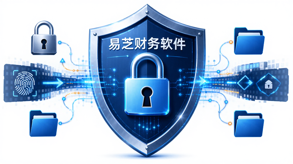 主体是数据安全盾牌与加密锁概念图,布局为居中盾牌两侧数据流,风格为安全科技感,细节包含锁孔、指纹识别、备份箭头、文件夹图标,画面中打上文字“易芝财务软件”,画质为高清4K,干净无多余元素,体现数据安全防护的可靠性