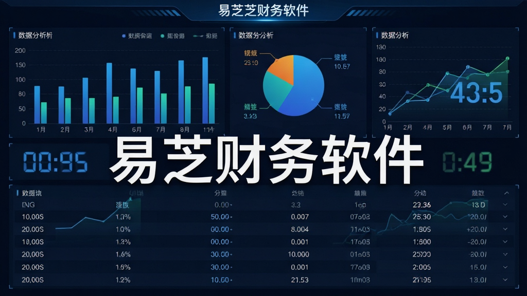 主体是数据报表分析大屏,布局为上方图表下方数据表格,风格为科技数据可视化,细节包含柱状图、饼图、折线图、数字跳动效果,画面中打上文字“易芝财务软件”,画质为高清4K,干净无杂乱元素,体现专业数据分析能力