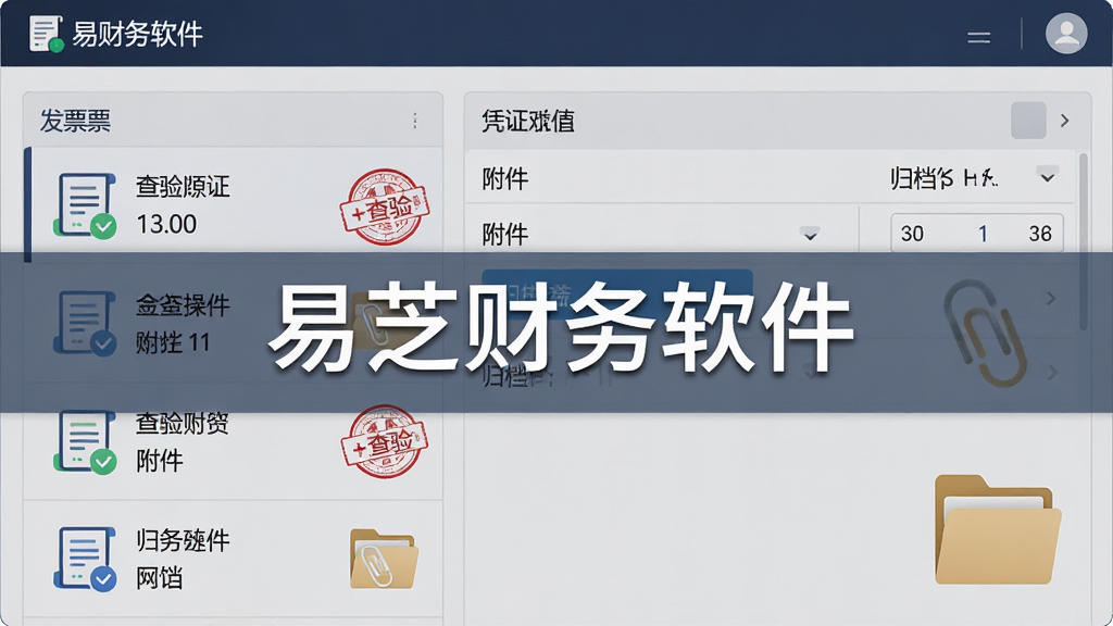 主体是发票管理操作界面,布局为左侧发票列表右侧凭证详情,风格为简约商务风,细节包含发票图标、查验印章、附件回形针、归档文件夹,画面中打上文字“易芝财务软件”,画质为高清4K,干净整洁,无多余元素,突出发票管理的规范与便捷