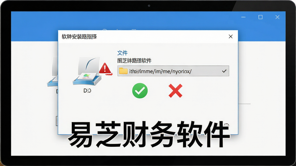 主体是电脑屏幕显示软件安装路径选择界面,布局为居中弹窗样式,风格为简洁操作指引,细节包含D盘图标、红色警示标志、文件夹路径、对勾与叉号对比,画面中打上文字“易芝财务软件”,画质为高清4K,干净无多余元素,突出安装路径选择的重要性