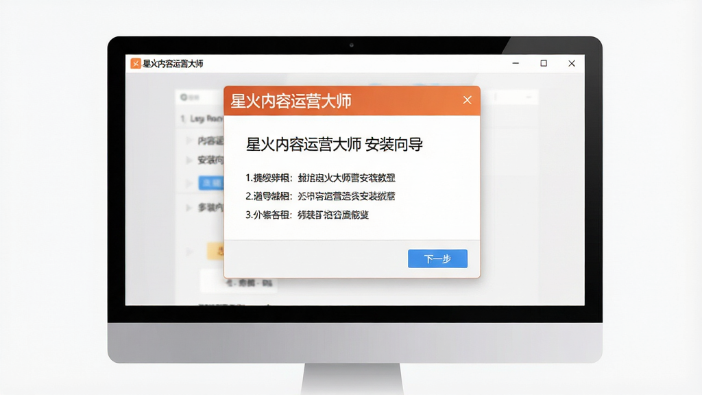 一张展示星火内容运营大师安装教程的图片,主体是电脑屏幕上的安装向导界面,布局为居中弹窗,排版为步骤提示,风格为软件安装界面风格,细节包括界面文字“星火内容运营大师 安装向导”、下一步按钮高亮,画质为高清,画面干净,无多余元素