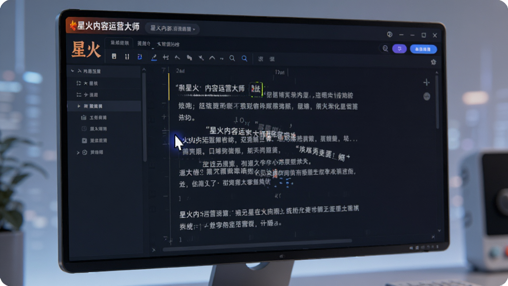 一张展示AI智能写作场景的图片,主体是星火内容运营大师软件正在生成文章,布局为屏幕中央显示光标闪烁、文字快速涌现,排版为编辑器界面,风格为未来科技感,细节包括界面角落有“星火内容运营大师”的标识、生成的文字段落整齐,画质为高清,画面干净,无多余元素