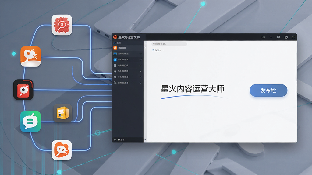 一张展示多平台分发的概念图,主体是星火内容运营大师软件界面,布局为左侧显示多个平台图标通过线条连接到右侧的发布按钮,排版为流程示意图,风格为简洁商务,细节包括图标清晰、界面带有“星火内容运营大师”字样,画质为高清,画面干净,无多余元素