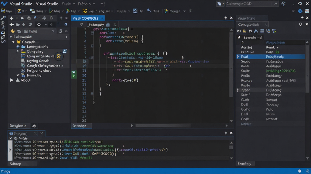 һ��չʾ����CAD�ؼ���Visual Studio���������м���ʹ�õĳ���ͼ���������Ϊ���������Դ���������м�Ϊ����༭������ʾC#���ô��룬�Ҳ�Ϊ�ؼ�������壬�ײ�Ϊ�����־������Ϊ��ɫ�����IDE���棬����Ϊ���͵������������������Ϊ�ִ�����������棬ϸ�ڰ�������������ؼ����ñ�ǡ����Թ������������������ɾ����޶���Ԫ��