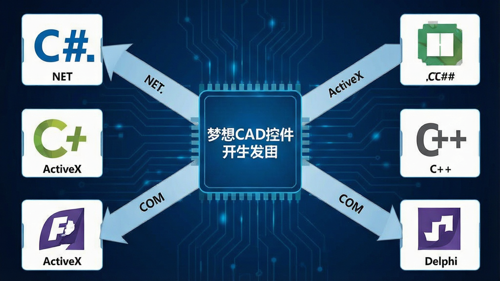 һ��չʾ����CAD�ؼ������ӿڼ��ɷ�ʽ�ļܹ�ͼ����������Ϊ�ؼ�����ģ�飬���������.NET��ActiveX��COM�����ӿ�ͨ�����ֱ�����C#��C++��Delphi������ͼ�꣬����Ϊ����ɫ�Ƽ���񣬲��ֲ�η��������Ϊ�����ܹ�ʾ��ͼ��ϸ�ڰ����ӿڱ�ǩ���֡�NET����ActiveX����COM���������������ɾ����޶���Ԫ��