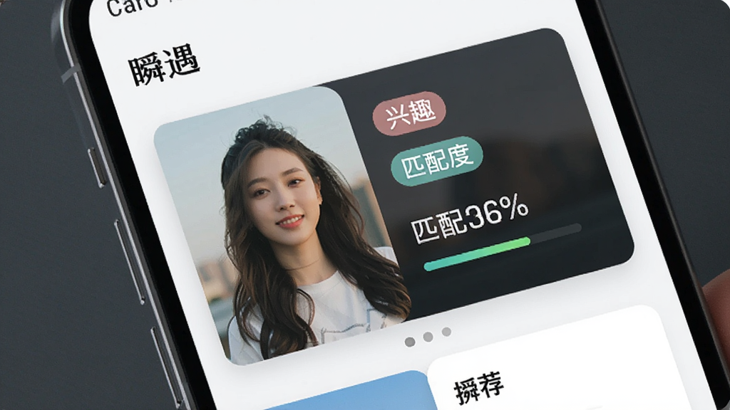 展示“瞬遇”应用内智能匹配功能的界面截图,主体为手机屏幕特写,布局为卡片式滑动推荐,排版采用左图右文结构,风格清新简约,细节包含兴趣标签气泡和匹配度百分比,画质清晰,干净,无多余元素