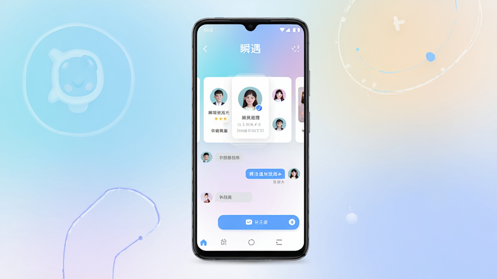 一张展现“瞬遇”社交应用界面的手机预览图,主体为居中放置的安卓手机,屏幕显示带有头像卡片和聊天按钮的社交页面,布局简洁,排版清晰,风格为现代科技感,细节包含柔和的渐变背景和圆形头像元素,画质高清,干净,无多余元素