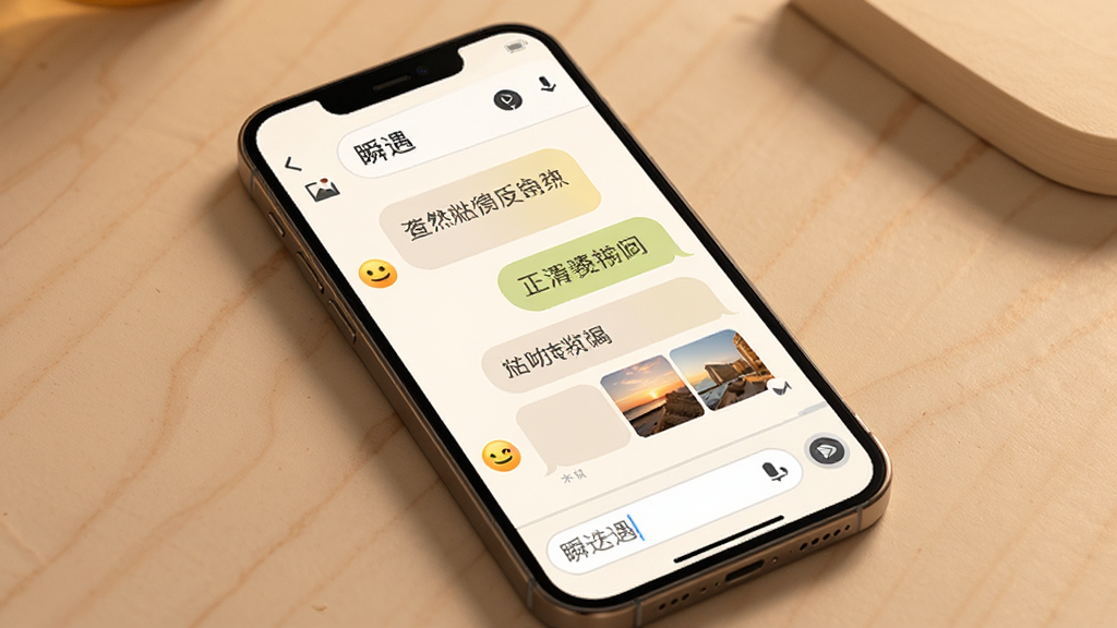 一张“瞬遇”聊天对话界面的手机样机图,主体为竖屏手机,布局展示聊天气泡与输入框,排版上下分布,风格温暖柔和,细节包含表情按钮和图片缩略图,画质高清,干净,无多余元素