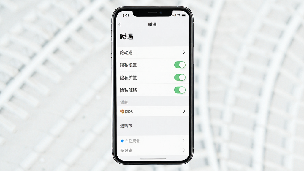 一张“瞬遇”隐私设置页面的手机界面图,主体为设置菜单列表,布局为纵向排列,排版整齐,风格素雅极简,细节包含开关按钮和箭头图标,画质高清,干净,无多余元素