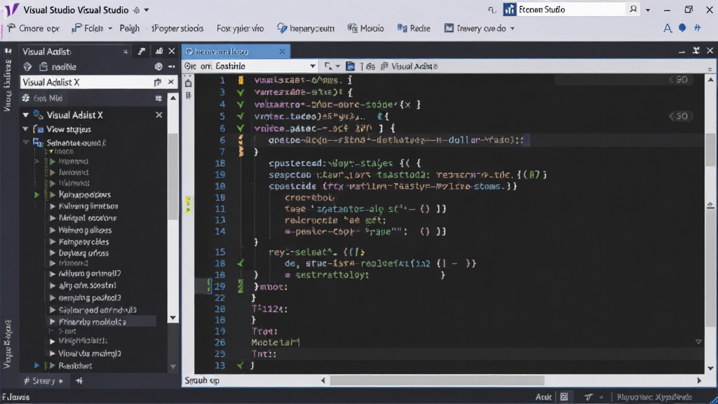 一张展示 Visual Studio 软件界面的高清截图,画面中央是代码编辑区域,代码具有语法高亮,侧边栏显示着 Visual Assist X 的插件面板和智能提示列表,整体布局整洁专业,风格为现代科技感,细节包括代码行号、折叠标记和彩色语法着色,画质清晰锐利,干净无多余元素
