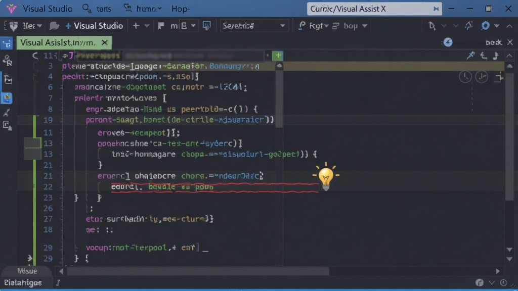 一张电脑屏幕截图,展示 Visual Studio 编辑器中代码被不同颜色高亮显示,同时有一处错误拼写被红色波浪线标记,旁边有 Visual Assist X 的灯泡提示图标,风格为现代 IDE 界面,细节丰富,画质清晰,无多余元素