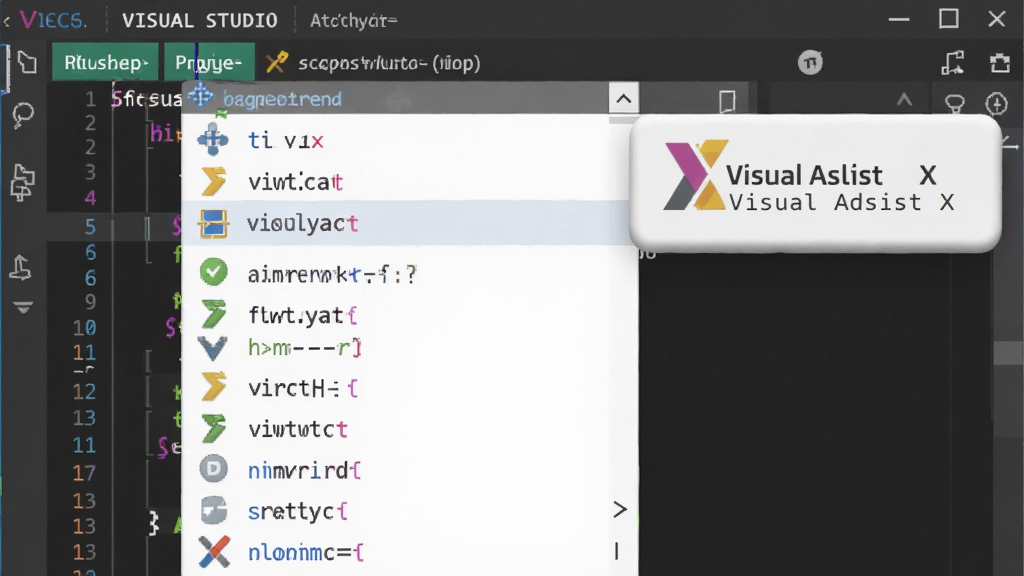 一张特写镜头,展示电脑屏幕上 Visual Studio 代码编辑器中的智能代码补全下拉列表,列表中包含多个以不同颜色图标区分的类名和方法名,列表旁边有 Visual Assist X 的标识,背景是深色主题的代码界面,风格简洁明快,画质高清,无多余杂乱元素
