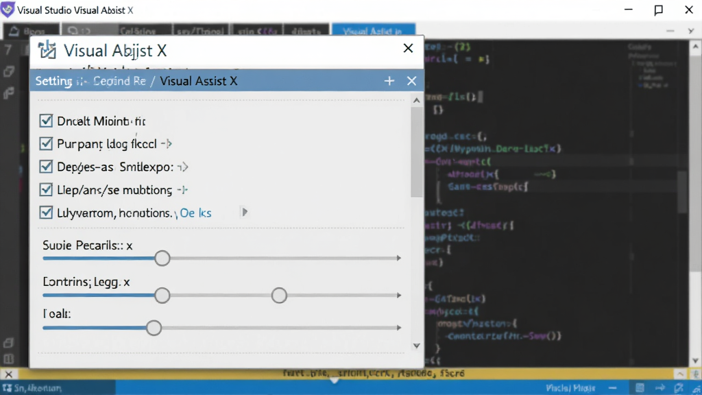 一张信息图风格的插图,展示 Visual Studio 中 Visual Assist X 插件的设置选项面板,面板上有各种复选框和滑块,背景是模糊的代码界面,风格为现代软件界面,细节清晰,画质干净,无多余装饰