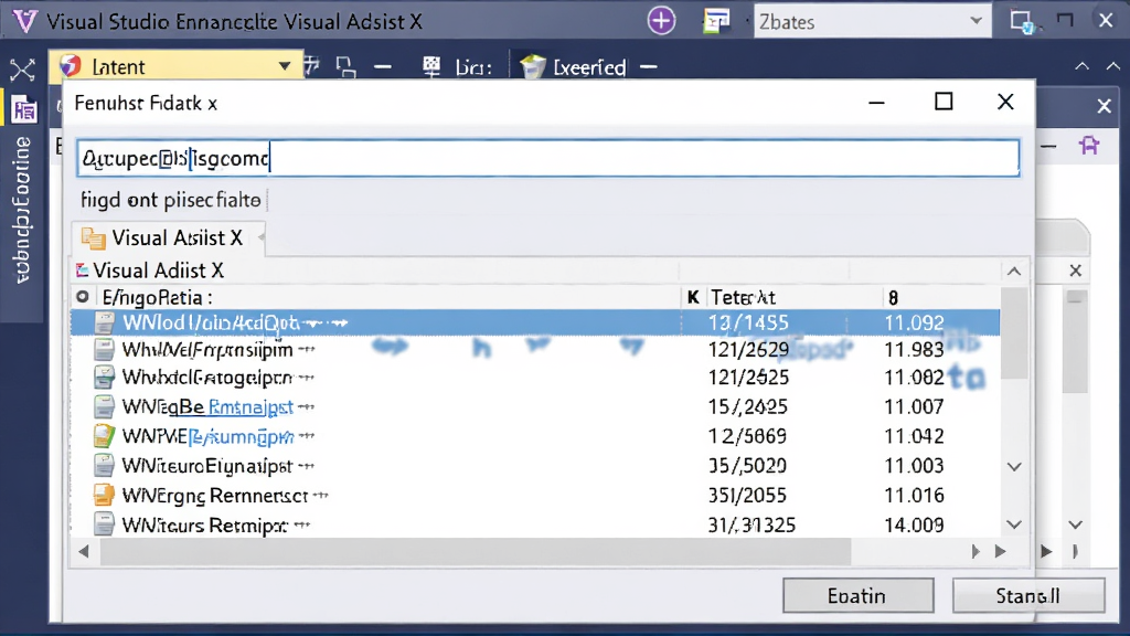 一张展示 Visual Studio 中 Visual Assist X 增强查找功能的界面截图,画面中是一个查找对话框,输入框内有关键词,下方列表显示搜索结果,结果中包含文件名和行号,风格为实用工具界面,布局清晰,画质高清,干净无杂乱