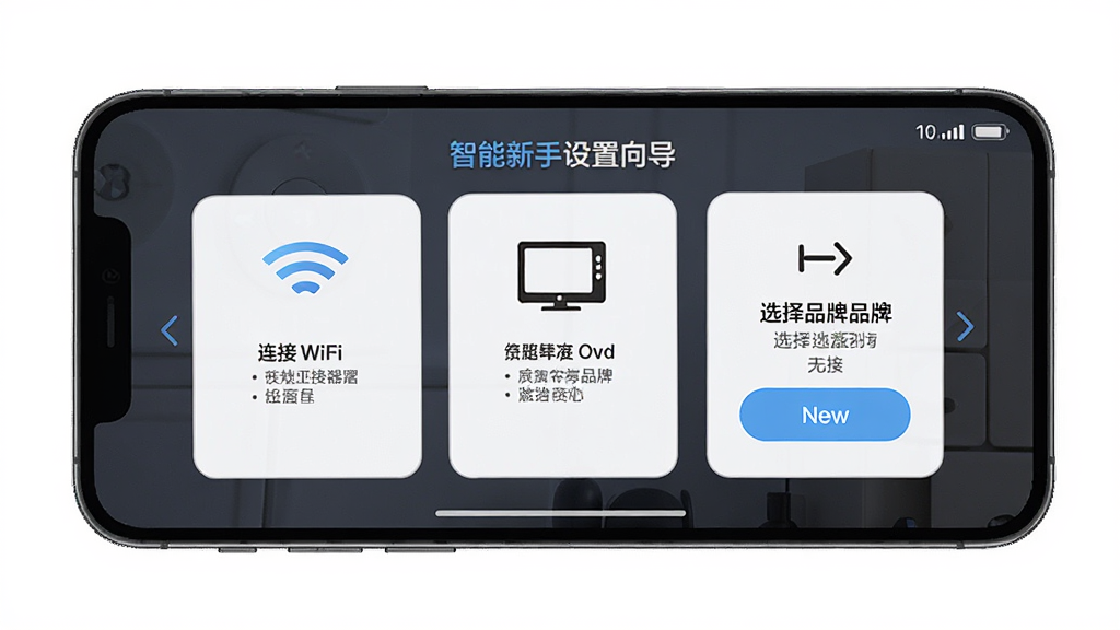 电视遥控器智能新手设置向导界面,手机屏幕显示连接WiFi与选择品牌的步骤提示,布局为分步引导卡片,排版简洁,风格清新浅色,细节包含WiFi图标、电视图标、下一步按钮,画质高清,干净,无多余元素