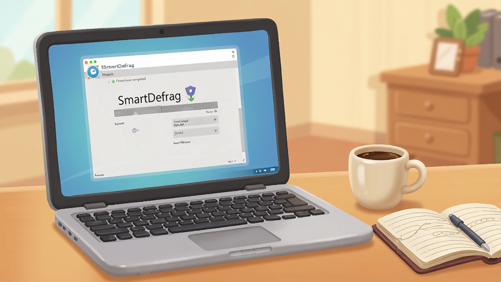 һ��չʾ����ά�������Ĳ廭����������һ̨�򿪵ıʼǱ����ԣ���Ļ��ʾ��SmartDefrag����������ɽ��棬�Ա���һ�����Ⱥ�һ���ʼǱ�����������ܰ�ľӼҰ칫���������ʸ��壬�ɾ����࣬�޶���Ԫ��