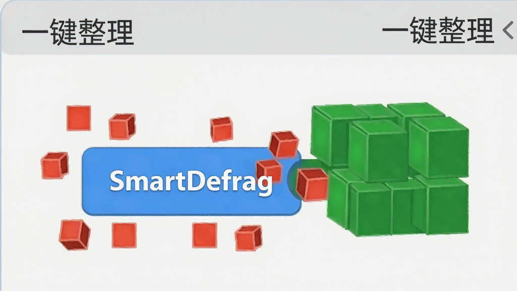 һ���������������ͼ���廭����������һ����ɫ�ġ�SmartDefrag����ť����ť��Χ�����Ŵ���Ӳ����Ƭ�ĺ�ɫС���飬���ڱ����밴ť�б���������ɫ���飬������ǳ��ɫ���С�һ�������������ֱ�ǩ�������������ɾ��޶���Ԫ��