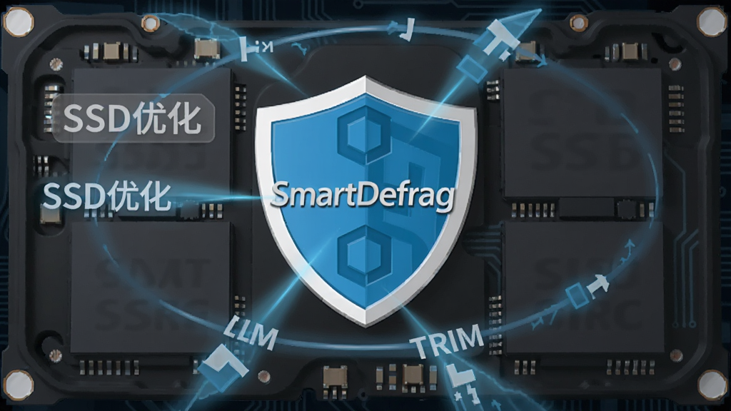 һ��չʾ��̬Ӳ���ڲ�оƬ�ṹ�ĿƼ��廭�����������С�SmartDefrag���Ķ��Ʊ�־����Χ�����Ŵ���TRIMָ��Ĺ�������������ɫ��·���������С�SSD�Ż��������ֱ�ǩ�����ʸ��壬�ɾ��޶���Ԫ��
