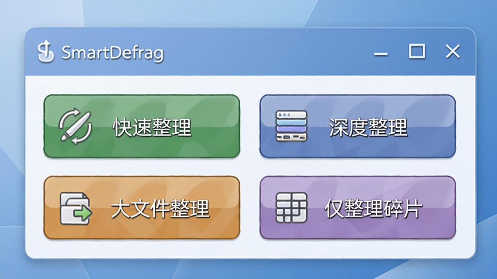 һ�����С�SmartDefrag����ʶ�Ŀ������廭����������ĸ���ͬ��ɫ�İ�ť�ֱ�д�š�������������������������������ļ�������������������Ƭ����ÿ����ť�Ա��ж�Ӧ��ͼ�꣬��������͵���ɫ���䣬���ʾ�ϸ�������������޶���Ԫ��