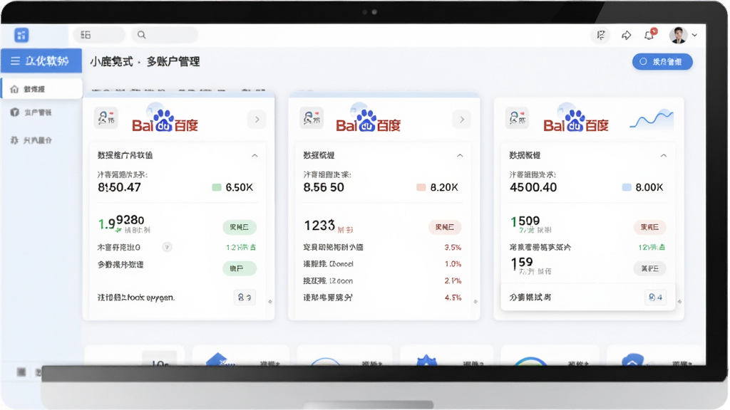 小鹿百度推广竞价软件多账户管理界面展示图,画面中显示三个账户卡片并列排布,每个卡片上有数据概览信息,整体布局清晰,风格简约商务,蓝白配色,画质干净清晰,无多余装饰元素