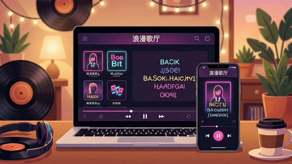 画面中央是一台打开的笔记本电脑和一部智能手机并排摆放,屏幕上都显示着一款名为“浪漫歌厅”的音乐播放软件界面,界面中呈现复古霓虹灯风格的歌单列表和滚动歌词字幕。背景是温馨的暖色调房间,带有柔和的氛围灯光和绿植装饰。整体布局采用三分法构图,设备位于视觉中心,周围点缀黑胶唱片、耳机和咖啡杯等音乐生活元素。风格为现代数字插画,细节丰富,画质清晰干净,无多余杂乱元素。