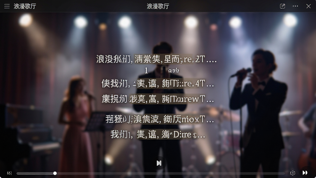 画面主体为“浪漫歌厅”软件播放界面特写,屏幕中央显示着带有逐字高亮效果的歌词字幕,背景是虚化的舞台灯光和歌手剪影。布局采用居中对称构图,歌词字幕占据画面核心位置。风格偏向写实 UI 展示,细节处体现字体的清晰锐利和界面的精致感。画质高清,色彩饱和度适中,画面干净无杂质。