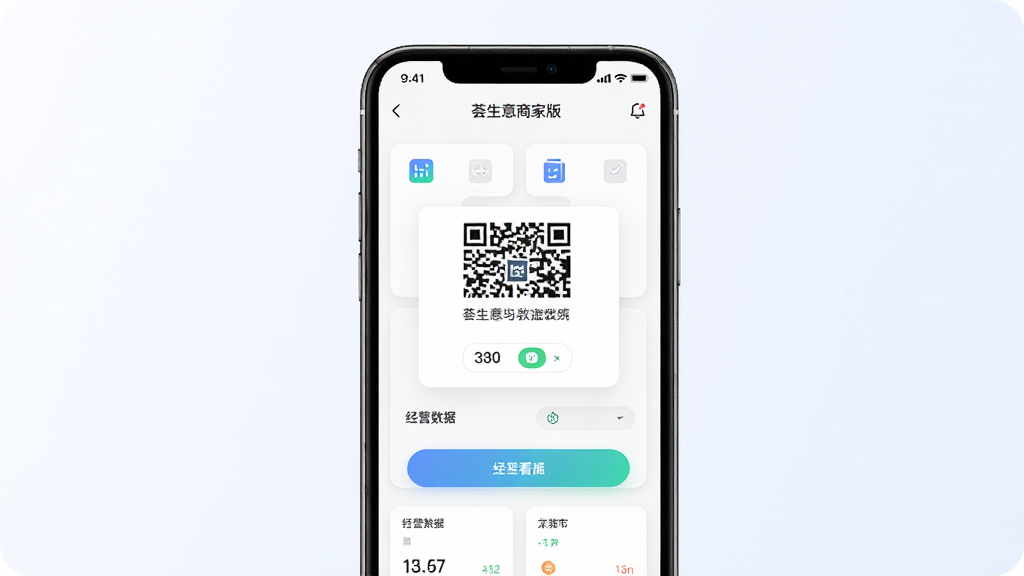 荟生意商家版应用主界面截图,画面中央展示手机屏幕,屏幕内呈现商家收款码与经营数据看板,背景为干净浅色渐变,布局居中对称,风格现代简约商务,细节包含图标、数字卡片、按钮等元素,画质清晰,干净,无多余元素